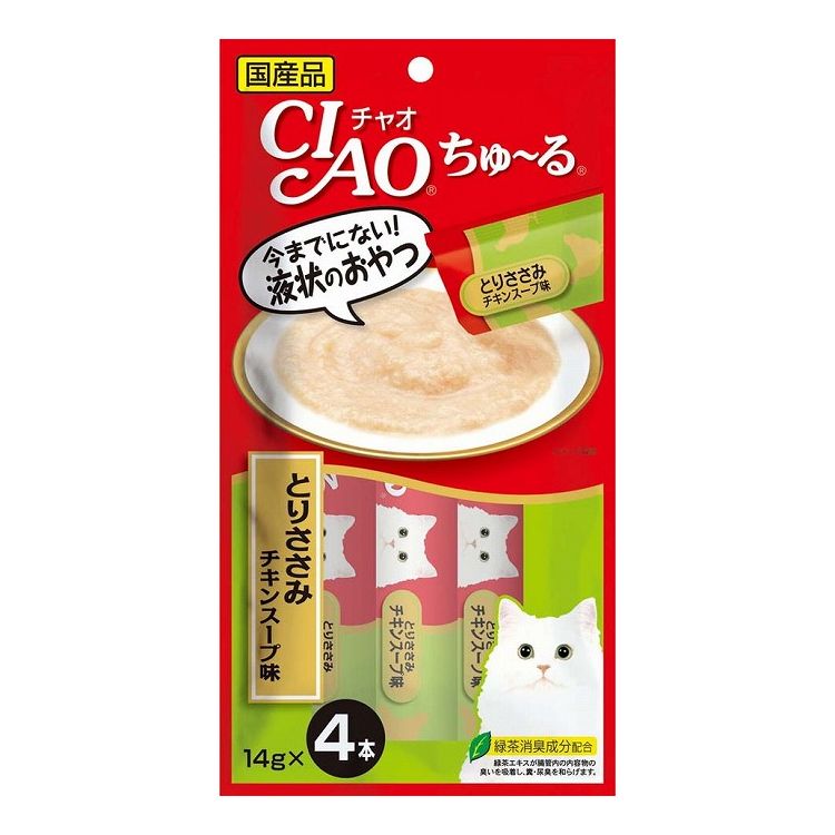 【商品説明】とろ〜り食べやすい液状おやつ！・一度食べたらやみつき！猫ちゃんの好きなを素材を液状にしたおやつです。・ちゅ〜っと出して、なめるだけで簡単に栄養補給。・食べきりやすい14g×4本。・緑茶消臭成分配合！緑茶エキスが腸管内の内容物の臭いを吸着し、糞尿臭を和らげます。●原材料(成分)鶏肉(ささみ)、チキンエキス、タンパク加水分解物、糖類(オリゴ糖等)、植物性油脂、増粘剤(加工でん粉)、ミネラル類、増粘多糖類、調味料、(アミノ酸等)、ビタミンE、紅麹色素、緑茶エキス●賞味／使用期限(未開封)24ヶ月※仕入れ元の規定により半年以上期限の残った商品のみ出荷致します。●保存方法別途パッケージに記載●メーカー名いなばペットフード 株式会社【送料について】北海道、沖縄、離島は送料を頂きます。