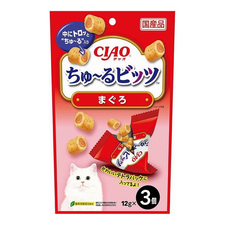 【取り寄せ品のご注意事項（ご注文前にご確認ください）】・本商品は原則注文後のキャンセルはお受けできません。・本商品と他商品で同梱注文をいただき、仮に他商品が完売等でご用意できない場合でも本商品は発送させていただきます。・本商品を複数（2点以上）注文いただき、完売等で注文数のご用意できない場合でもご用意できた数量は発送させていただきます。【商品説明】与えやすく食べやすい！・外はふっくら、中にトロッとちゅ〜るが入っているため、2つの食感が楽しめます。・与えやすく食べやすいビッツタイプのおやつ。・保存料不使用・緑茶消臭成分配合で、腸管内の内容物の臭いを吸着し、糞尿臭を和らげます。・出しやすく、見た目も可愛いテトラパック。●原材料(成分)鶏肉(ささみ)、まぐろ、かつお節、鶏脂、糖類(オリゴ糖等)、まぐろエキス、タンパク加水分解物、寒天、卵白粉末、酵母エキス、植物性油脂、増粘多糖類、増粘剤(加工でん粉)、ミネラル類、調味料(アミノ酸等)、ビタミンE、紅麹色素、緑茶エキス●賞味／使用期限(未開封)24ヶ月※仕入れ元の規定により半年以上期限の残った商品のみ出荷致します。●保存方法別途パッケージに記載●メーカー名いなばペットフード 株式会社【送料について】北海道、沖縄、離島は送料を頂きます。