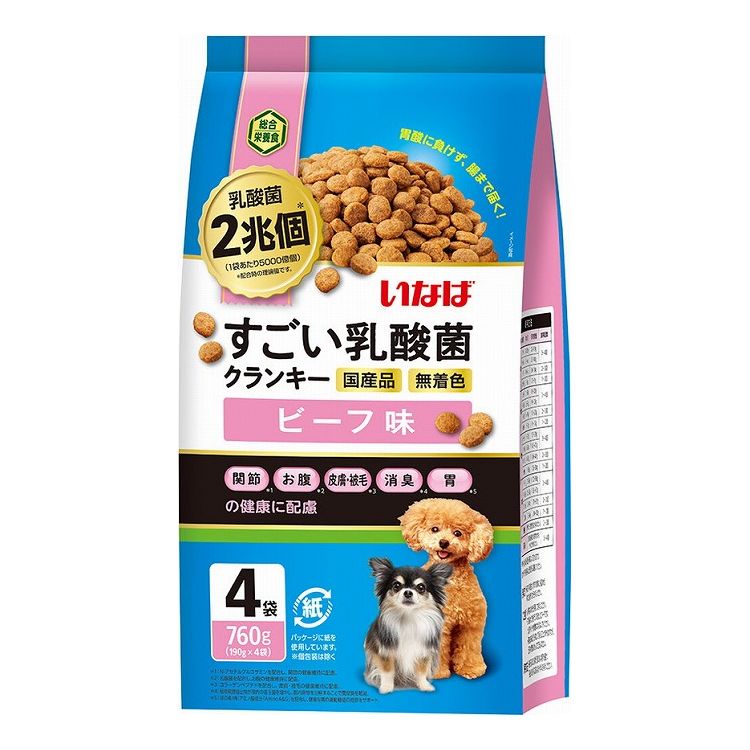 【商品説明】お腹の健康に乳酸菌！・乳酸菌3000億個配合で、わんちゃんの健康を維持し、お腹の調子を保ちます。・総合栄養食・関節、お腹、皮膚・被毛、消臭、胃の健康に配慮・野菜パウダーをトッピング。・保存に便利なチャック付き。●原材料(成分)穀類(とうもろこし、小麦粉、コーングルテンフィード、米糠、コーングルテンミール)、肉類(ミートミール、チキンレバーパウダー、ビーフエキスパウダー)、豆類(脱脂大豆、乾燥おから等)、ビール酵母、動物性油脂、ミルクエキス、魚介類(フィッシュミール、フィッシュエキスパウダー)、コラーゲンペプチド、殺菌乳酸菌、N-アセチルグルコサミン、植物発酵抽出物、ミネラル類(カルシウム、リン、塩化ナトリウム、鉄、亜鉛、銅、ヨウ素)、ビタミン類(A、D、E、B2、B12、パントテン酸、コリン)、アルギニングルタミン酸塩●賞味／使用期限(未開封)18ヶ月※仕入れ元の規定により半年以上期限の残った商品のみ出荷致します。●保存方法別途パッケージに記載●メーカー名いなばペットフード 株式会社【送料について】北海道、沖縄、離島は送料を頂きます。