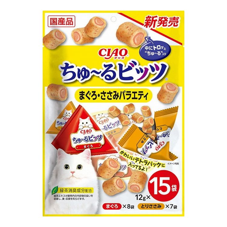 【商品説明】与えやすく食べやすい！・外はふっくら、中にトロッとちゅ〜るが入っているため、2つの食感が楽しめます。・与えやすく食べやすいビッツタイプのおやつ。・保存料不使用・緑茶消臭成分配合で、腸管内の内容物の臭いを吸着し、糞尿臭を和らげます。・出しやすく、見た目も可愛いテトラパック。・2種類の味が楽しめるバラエティパック●原材料(成分)【まぐろ】鶏肉(ささみ)、まぐろ、かつお節、鶏脂、糖類(オリゴ糖等)、まぐろエキス、タンパク加水分解物、寒天、卵白粉末、酵母エキス、植物性油脂、増粘安定剤(増粘多糖類、加工でん粉)、ミネラル類(Na、P、Cl)、調味料(アミノ酸)、ビタミンE、紅麹色素、緑茶エキス【とりささみ】鶏肉(ささみ)、かつお節、鶏脂、ほたてエキス、糖類(オリゴ糖等)、寒天、卵白粉末、酵母エキス、植物性油脂、増粘安定剤(増粘多糖類、加工でん粉)、ミネラル類(Na、P、Cl)、調味料(アミノ酸)、ビタミンE、紅麹色素、緑茶エキス●賞味／使用期限(未開封)24ヶ月※仕入れ元の規定により半年以上期限の残った商品のみ出荷致します。●保存方法別途パッケージに記載●メーカー名いなばペットフード 株式会社【送料について】北海道、沖縄、離島は送料を頂きます。