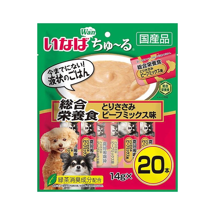【取り寄せ品のご注意事項（ご注文前にご確認ください）】・本商品は原則注文後のキャンセルはお受けできません。・本商品と他商品で同梱注文をいただき、仮に他商品が完売等でご用意できない場合でも本商品は発送させていただきます。・本商品を複数（2点以上）注文いただき、完売等で注文数のご用意できない場合でもご用意できた数量は発送させていただきます。【商品説明】とろ〜り食べやすい液状ごはん！・一度食べたらやみつき！ワンちゃんの好きなを素材を液状にしたごはんです。・ちゅ〜っと出して、なめるだけで簡単に栄養補給。・ペースト状なのでそのままでもドライフードのトッピングなどにお使いいただけます。・総合栄養食タイプなので、食欲が無い時などにもどうぞ。・緑茶消臭成分配合！緑茶エキスが腸管内の内容物の臭いを吸着し、糞尿臭を和らげます。・食べきりやすい14g×20本●原材料(成分)鶏肉(ささみ)、鶏脂、ビーフエキス、酵母エキス、タンパク加水分解物、増粘剤(加工でん粉)、ミネラル類(Ca、Fe、Cu、Mn、Zn、I、K)、増粘多糖類、ビタミン類(A、D3、E、B1、葉酸、B12、コリン)、キトサン、紅麹色素、緑茶エキス●賞味／使用期限(未開封)24ヶ月※仕入れ元の規定により半年以上期限の残った商品のみ出荷致します。●保存方法別途パッケージに記載●メーカー名いなばペットフード 株式会社【送料について】北海道、沖縄、離島は送料を頂きます。