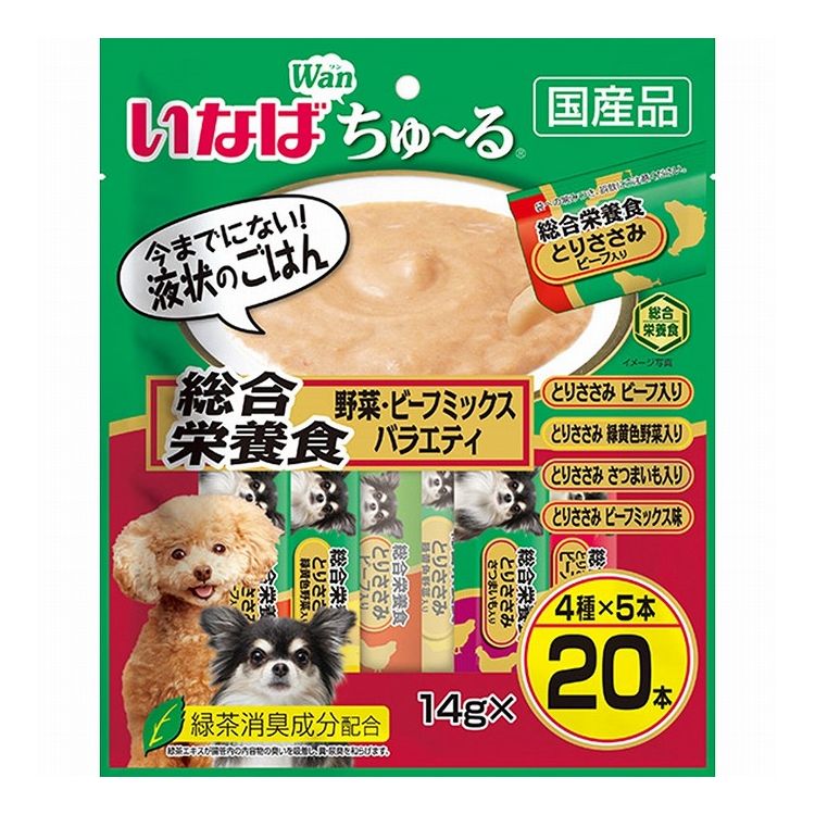 【取り寄せ品のご注意事項（ご注文前にご確認ください）】・本商品は原則注文後のキャンセルはお受けできません。・本商品と他商品で同梱注文をいただき、仮に他商品が完売等でご用意できない場合でも本商品は発送させていただきます。・本商品を複数（2点以上）注文いただき、完売等で注文数のご用意できない場合でもご用意できた数量は発送させていただきます。【商品説明】とろ〜り食べやすい液状ごはん！・一度食べたらやみつき！ワンちゃんの好きなを素材を液状にしたごはんです。・ちゅ〜っと出して、なめるだけで簡単に栄養補給。・ペースト状なのでそのままでもドライフードのトッピングなどにお使いいただけます。・総合栄養食タイプなので、食欲が無い時などにもどうぞ。・緑茶消臭成分配合！緑茶エキスが腸管内の内容物の臭いを吸着し、糞尿臭を和らげます。・食べきりやすい14g×20本・4種類の味が楽しめるバラエティパック●原材料(成分)【とりささみビーフ入り】鶏肉(ささみ)、鶏脂、牛肉、ビーフエキス、酵母エキス、タンパク加水分解物、増粘安定剤(加工でん粉、増粘多糖類)、ミネラル類(Ca、Fe、Cu、Mn、Zn、I、K)、ビタミン類(A、D3、E、B1、葉酸、B12、コリン)、キトサン、紅麹色素、緑茶エキス【とりささみさつまいも入り】鶏肉(ささみ)、鶏脂、さつまいも、チキンエキス、酵母エキス、タンパク加水分解物、増粘安定剤(加工でん粉、増粘多糖類)、ミネラル類(Ca、Fe、Cu、Mn、Zn、I、K)、ビタミン類(A、D3、E、B1、葉酸、B12、コリン)、キトサン、紅麹色素、緑茶エキス【とりささみビーフミックス味】鶏肉(ささみ)、鶏脂、ビーフエキス、酵母エキス、タンパク加水分解物、増粘安定剤(加工でん粉、増粘多糖類)、ミネラル類(Ca、Fe、Cu、Mn、Zn、I、K)、ビタミン類(A、D3、E、B1、葉酸、B12、コリン)、キトサン、紅麹色素、緑茶エキス【とりささみ緑黄色野菜入り】鶏肉(ささみ)、鶏脂、野菜(人参、かぼちゃ、いんげん)、チキンエキス、酵母エキス、タンパク加水分解物、増粘安定剤(加工でん粉、増粘多糖類)、ミネラル類(Ca、Fe、Cu、Mn、Zn、I、K)、ビタミン類(A、D3、E、B1、葉酸、B12、コリン)、キトサン、紅麹色素、緑茶エキス●賞味／使用期限(未開封)730日※仕入れ元の規定により半年以上期限の残った商品のみ出荷致します。●保存方法別途パッケージに記載●メーカー名いなばペットフード 株式会社【送料について】北海道、沖縄、離島は送料を頂きます。