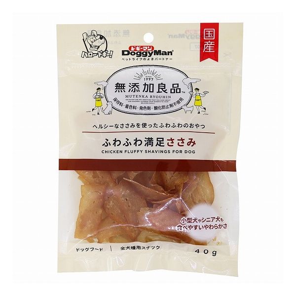 【取り寄せ品のご注意事項（ご注文前にご確認ください）】・本商品は原則注文後のキャンセルはお受けできません。・本商品と他商品で同梱注文をいただき、仮に他商品が完売等でご用意できない場合でも本商品は発送させていただきます。・本商品を複数（2点以上）注文いただき、完売等で注文数のご用意できない場合でもご用意できた数量は発送させていただきます。【商品説明】しっとりとした食感の薄いふわふわおやつ。国産品。無添加良品。・鶏肉の中で最も低脂肪の「ササミ」をベースにした甘い香りのおやつ。・薄くてふわふわ、しっとりとした柔らかな食感。小型の愛犬や高齢期の愛犬にも食べやすい。・薄くてぺらぺら、簡単にちぎりれるので、与える量の調節がしやすく、少量でも満足なおいしさで与えすぎを防ぎやすい。・保存料、着色料、発色剤、酸化防止剤を使用しない、無添加良品シリーズ。・国産品(日本製)。●原材料(成分)鶏肉(ササミ、胸肉)、ソルビトール、グリセリン、ミネラル類(ナトリウム)、リン酸塩(Na)、調味料●賞味／使用期限(未開封)12ヶ月※仕入れ元の規定により半年以上期限の残った商品のみ出荷致します●保存方法別途パッケージに記載●原産国または製造地日本●メーカー名ドギーマンハヤシ 株式会社【送料について】北海道、沖縄、離島は送料を頂きます。