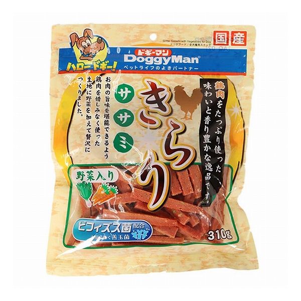 【取り寄せ品のご注意事項（ご注文前にご確認ください）】・本商品は原則注文後のキャンセルはお受けできません。・本商品と他商品で同梱注文をいただき、仮に他商品が完売等でご用意できない場合でも本商品は発送させていただきます。・本商品を複数（2点以上）注文いただき、完売等で注文数のご用意できない場合でもご用意できた数量は発送させていただきます。【商品説明】野菜入り。腸内環境の健康を守るビフィズス菌配合。鶏肉をたっぷり使った味わいと香り豊かな逸品です。野菜入り。腸内環境の健康を維持するため、代表的な善玉菌の1つであるビフィズス菌を配合。食べやすくてちぎりやすい、やわらかなおいしさ。●原材料(成分)肉類(鶏肉、鶏ササミ)、小麦粉、糖類、でん粉類(小麦でん粉、コーンスターチ)、豆類、にんじん、ほうれん草、ビフィズス菌、ソルビトール、グリセリン、ミネラル類(ナトリウム)、酸味料、リン酸塩(Na)、保存料(ソルビン酸カリウム)、酸化防止剤(ビタミンC)、発色剤(亜硝酸ナトリウム)、着色料(黄4、赤102、赤106、青1)、調味料●賞味／使用期限(未開封)12ヶ月※仕入れ元の規定により半年以上期限の残った商品のみ出荷致します●保存方法別途パッケージに記載●原産国または製造地日本●メーカー名ドギーマンハヤシ 株式会社【送料について】北海道、沖縄、離島は送料を頂きます。