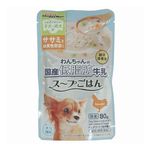 【取り寄せ品のご注意事項（ご注文前にご確認ください）】・本商品は原則注文後のキャンセルはお受けできません。・本商品と他商品で同梱注文をいただき、仮に他商品が完売等でご用意できない場合でも本商品は発送させていただきます。・本商品を複数（2点以上）注文いただき、完売等で注文数のご用意できない場合でもご用意できた数量は発送させていただきます。【商品説明】毎日のごはんがもっと楽しくなる！・旨みタップリ！栄養タップリ！だから、食欲が落ちがちな夏場やシニア犬のごはんはもちろん、おいしく栄養豊富な水分補給にもおすすめします。・九州産の生乳を使用し、着色料・香料無添加の「わんちゃんの国産低脂肪牛乳」がベース。牛乳本来のクリーミーで濃厚なおいしさがいきています。・ヘルシーで旨みたっぷりの鶏ササミを使用。さらにワンちゃんの健康維持を考えて、ビタミンやミネラルを含む緑黄色野菜を合わせました。・製造過程で乳糖を分解した乳糖ゼロの牛乳だから、お腹にやさしいおいしさ。・離乳前の幼犬には与えないでください。●原材料(成分)鶏肉(ササミ、レバー)、小麦粉、わんちゃんの国産低脂肪牛乳、野菜類(グリーンピース、にんじん)、油脂類、調味料、チーズ、ビタミン類(A、B1、B2、B6、B12、C、D、E、パントテン酸、ナイアシン、葉酸、コリン)、ミネラル類(カルシウム、リン、カリウム、ナトリウム、塩素、マグネシウム、鉄、銅、マンガン、亜鉛、ヨウ素、セレン)●賞味／使用期限(未開封)24ヶ月※仕入れ元の規定により半年以上期限の残った商品のみ出荷致します●保存方法別途パッケージに記載●原産国または製造地日本●メーカー名ドギーマンハヤシ 株式会社【送料について】北海道、沖縄、離島は送料を頂きます。
