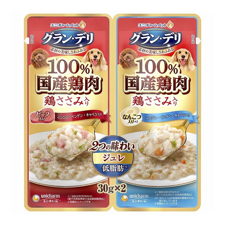 【商品説明】素材のおいしさあふれる！・ドライタイプとソフトタイプの総合栄養食と混ぜやすいジュレタイプ・国産の厳選鶏肉を使用・うれしい低脂肪設計(愛犬元気缶角切り全成長段階用比脂肪分約30％カット)・食べきり容量でいつでも開けたてのおいしさ・30g×2つの使い切りレトルトパウチタイプ・ビーフとなんこつの2つの味を楽しめます●原材料(成分)【ビーフ入り】肉類(鶏胸肉、ささみ)、野菜類(キャベツ、ニンジン、インゲン)、ビーフ・チキン加工肉、しょうゆ、ショ糖、寒天、増粘多糖類、調味料、乳酸カルシウム、酸化防止剤(EDTA-Ca・Na)【なんこつ入り】肉類(鶏胸肉、ささみ、鶏軟骨)、野菜類(キャベツ、ニンジン、インゲン)、しょうゆ、ショ糖、寒天、増粘多糖類、調味料、乳酸カルシウム、酸化防止剤(EDTA-Ca・Na)●エネルギー【2種共通】約20kcal/1袋●賞味／使用期限(未開封)24ヶ月※仕入れ元の規定により3ヵ月を切った商品は出荷致しません●保存方法・直射日光を避け、常温で保管してください。・開封後は早めに与えてください。(開封後要冷蔵)●原産国または製造地日本【送料について】北海道、沖縄、離島は送料を頂きます。