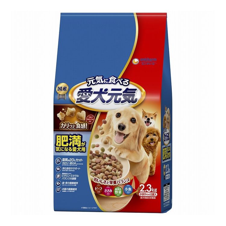 【商品説明】おいしさと栄養バランス！肥満が気になる愛犬の健康を考えた栄養バランス。＜脂質約20％カット＞カロリー控えめ(愛犬元気 成犬用比100gあたり約15％減)＜消化吸収のサポート＞消化性に配慮した原材料を配合＜ビタミン・ミネラルバランス＞体をつくり、健康を維持するのに欠かせないビタミン・ミネラルをバランスよく調整＜歯・骨の健康維持＞カルシウム・リンをバランスよく調整＜お腹の健康維持＞食物繊維たっぷりの素材を配合●原材料(成分)穀類(トウモロコシ、小麦粉、コーングルテンミール、フスマ、パン粉、コーングルテンフィード)、肉類(チキンミール、ビーフミール、ポークミール、チキンエキス、ビーフパウダー、ササミパウダー)、野菜類(ビートパルプ、ニンジンパウダー、カボチャパウダー、ホウレンソウパウダー)、動物性油脂、豆類(脱脂大豆、大豆エキス)、魚介類(フィッシュエキス、小魚パウダー)、ビール酵母、ミネラル類(カルシウム、塩素、銅、鉄、ヨウ素、カリウム、ナトリウム、リン、セレン、亜鉛)、ビタミン類(A、B1、B2、B6、B12、D、E、K、コリン、パントテン酸、葉酸)、着色料(赤色102号、赤色106号、黄色4号、黄色5号、青色1号)、酸化防止剤(ミックストコフェロール、ハーブエキス)、アミノ酸類(メチオニン)、ミルクカルシウム●エネルギー約340kcal/100g●賞味／使用期限(未開封)24ヶ月※仕入れ元の規定により3ヵ月を切った商品は出荷致しません●保存方法・高温多湿や直射日光を避け、風通しのよい場所に保管してください。・保管状態によっては、風味が落ちる場合がありますが、与えても差し支えありません。・開封後は、ほこりや虫が入らないよう封をしっかり閉じて衛生的に保管し、早めに与えてください。・食品、食器、おもちゃ、ペット用品等と区別し、小児の手の届かない場所に保管してください。・本品の空き袋をおもちゃにしないでください。●原産国または製造地日本【送料について】北海道、沖縄、離島は送料を頂きます。