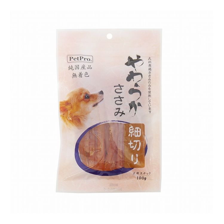 【取り寄せ品のご注意事項（ご注文前にご確認ください）】・本商品は原則注文後のキャンセルはお受けできません。・本商品と他商品で同梱注文をいただき、仮に他商品が完売等でご用意できない場合でも本商品は発送させていただきます。・本商品を複数（2点以上）注文いただき、完売等で注文数のご用意できない場合でもご用意できた数量は発送させていただきます。【商品説明】新鮮な九州産のささみを使用！100％九州産の鶏食肉を使用しています。着色料は使用しておりません。小麦粉等の粉類は不使用のグルテンフリーのおやつ。嗜好性が高いのでしつけ・ご褒美に最適です。●原材料国内鶏肉(九州産)、食塩、保湿剤(グリセリン)、酸化防止剤(プロピレングリコール)、発色剤(亜硝酸Na)●保証成分粗たん白質49.0％以上、脂質4.0％以上、粗繊維0.1％以下、粗灰分3.5％以下、水分42.0％以下●給与方法【1日当たりの標準給与量】幼犬(生後6ヶ月)〜：2〜5g、超小型犬(1〜5kg)：5〜15g、小型犬(5〜10kg)：15〜30g、中型犬(10〜25kg)：30〜50g、大型犬(25kg以上)：50〜70g・上記給与量を基準にして、1日1〜2回に分けてお与えください。・与える量や大きさは、体調、年齢、季節、運動量、妊娠期などにより異なりますので状況により調整してください。・歯の生えそろわない幼犬には与えないでください。・愛犬の食べ方や習慣によっては、のどに詰まらせることがありますので必ず観察しながらお与えください。●賞味／使用期限(未開封)12ヶ月※仕入れ元の規定により3ヵ月以上期限の残った商品のみ出荷致します。●原産国または製造地日本●保存方法開封前：直射日光・高温多湿をさけて保存してください。開封後：冷蔵庫(0℃〜10℃)で保管し、賞味期限に関わらずお早めにご使用ください。●諸注意・時間の経過による色や硬さの変化が見られても品質には影響ありません。・製品の表面に白い微粉(アミノ酸・カルシウム)が付着する場合がありますが、品質に影響ありません。・子供が愛犬に与える時は安全のために大人が立会い、手などを噛まれないようにご注意ください。・幼児、子供、ペットの届かない所に保管してください。・おいしさを保つための脱酸素剤は食べられません。また、開封後は効果がなくなりますのでお捨てください。【送料について】北海道、沖縄、離島は送料を頂きます。やわらかささみ 細切り 100g単品3個セット6個セット12個セット