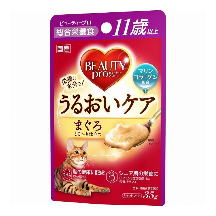 【取り寄せ品のご注意事項（ご注文前にご確認ください）】・本商品は原則注文後のキャンセルはお受けできません。・本商品と他商品で同梱注文をいただき、仮に他商品が完売等でご用意できない場合でも本商品は発送させていただきます。・本商品を複数（2点以上）注文いただき、完売等で注文数のご用意できない場合でもご用意できた数量は発送させていただきます。【商品説明】食事と同時に水分補給！みずみずしいおいしさでうるおいケア！・マリンコラーゲンを配合し、シニア期の栄養・水分補給に最適。なめとりやすいとろ〜り仕立て■シニア期の免疫力の維持にビタミンEを含む優れた栄養バランスにより健康を保ち、猫本来の生まれ持った免疫力を維持■脳の健康に配慮健やかな脳の健康維持にDHA配合■低分子マリンコラーゲン配合天然魚由来のマリンコラーゲン配合でうるおいケアを〇原材料(成分)魚介類(マグロ、フィッシュエキスパウダー、マリンコラーゲン)、鶏ササミ、油脂類(植物性油脂、動物性油脂(DHA含む))、大豆タンパク、コーンスターチ、グラニュー糖、セレン酵母、GABA、ミネラル類(Ca、K、Cl、Mg、Fe、Cu、Mn、Zn、i)、増粘安定剤(加工でん粉、キサンタンガム)、ビタミン類(A、B1、B2、B6、B12、D、E、K、ナイアシン、パントテン酸、ビオチン、葉酸、コリン)、タウリン、酸化防止剤(EDTA-2Na、ビタミンC)〇保証成分たんぱく質7.5％以上、脂質3.0％以上、粗繊維0.5％以下、灰分3.0％以下、水分83.5％以下、カルシウム0.14％以上、リン0.12％以上、マグネシウム0.01％(標準値)〇賞味／使用期限(未開封)24ヶ月※仕入れ元の規定により3ヵ月以上の商品のみ出荷致します〇保管方法別途パッケージに記載〇原産国日本〇メーカー名日本ペットフード 株式会社【送料について】北海道、沖縄、離島は送料を頂きます。