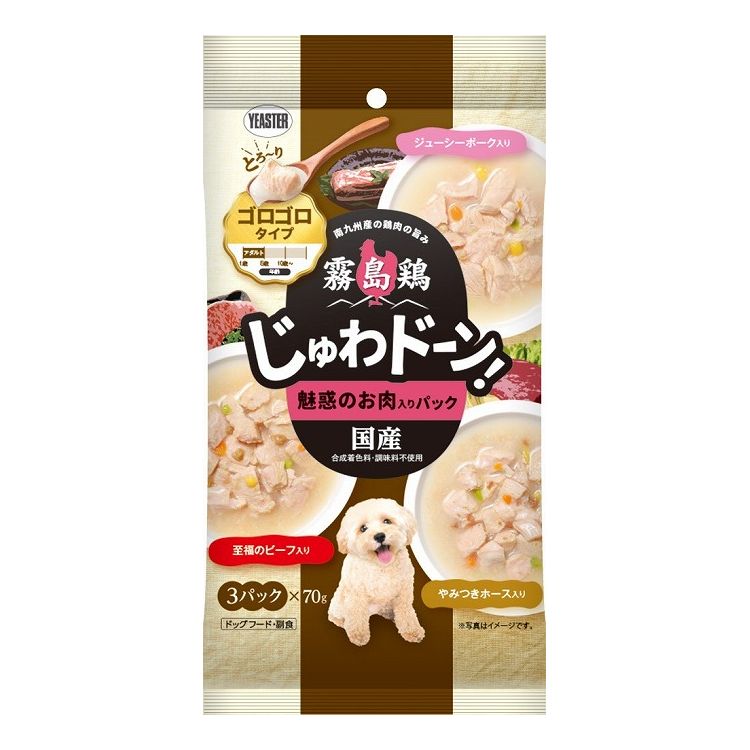 【商品説明】南九州で育った国産鶏肉の旨味を愛犬にお届け♪・南九州で育った国産鶏肉のじゅわドーン！な旨味を愛犬にお届け♪・鶏肉と魅惑のお肉の味が楽しめる3種類のパウチが入ったバラエティーパック。・お肉が大好きな愛犬におすすめ！・大きな角切りカットの鶏肉が入ったゴロゴロタイプ。・噛めば噛むほど鶏肉の旨味がじゅわと溢れ、ドーンと口の中に広がる贅沢な味わい。〇原材料(成分)【ジューシーポーク入り】肉類(鶏胸肉、ポーク、鶏ささみ)、野菜類(にんじん、とうもろこし、グリーンピース)、精製魚油(DHA・EPA源)、増粘多糖類【至福のビーフ入り】肉類(鶏胸肉、ビーフ、鶏肉、鶏ささみ)、野菜類(にんじん、とうもろこし、グリーンピース)、精製魚油(DHA・EPA源)、増粘多糖類【やみつきホース入り】肉類(鶏胸肉、ホース、鶏肉、鶏ささみ)、野菜類(にんじん、とうもろこし、グリーンピース)、精製魚油(DHA・EPA源)、増粘多糖類〇保証成分【ジューシーポーク入り】たんぱく質8.8％以上、脂質0.7％以上、粗繊維0.3％以下、灰分0.9％以下、水分89.3％以下【至福のビーフ入り】たんぱく質8.6％以上、脂質1.3％以上、粗繊維0.3％以下、灰分0.9％以下、水分88.9％以下【やみつきホース入り】たんぱく質8.5％以上、脂質0.6％以上、粗繊維0.3％以下、灰分0.9％以下、水分89.7％以下〇賞味／使用期限(未開封)24ヶ月※仕入れ元の規定により3ヵ月以上の商品のみ出荷致します〇保管方法別途パッケージに記載〇原産国日本〇メーカー名イースター 株式会社【送料について】北海道、沖縄、離島は送料を頂きます。