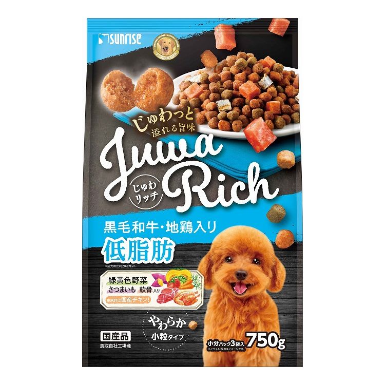 【商品説明】国産チキンを主原料に使用し、独自製法でじゅわっと溢れる旨みのやわらか小粒に仕上げ、圧倒的な美味しさを実現したフードです。肥満が気になる愛犬の体重管理のために満腹感を保つ食物繊維を配合し、低脂肪(成犬用比 約20％カット)に仕上げました。〇原材料(成分)肉類(チキンミール、ビーフミール、黒毛和牛、地鶏、軟骨等)、糠、豆類、小麦粉、脱脂米糠、パン粉、糖類、油脂類、魚介類(にぼし等)、乳類、麺、食物繊維、いも類(さつまいも等)、野菜類(にんじん、ブロッコリー、トマト、かぼちゃ等)、グルコサミン(カニ由来)、サメ軟骨抽出物(コンドロイチンを含む)、増粘安定剤(グリセリン)、ミネラル類(リン酸カルシウム、炭酸カルシウム、塩化カリウム、硫酸マグネシウム、塩化ナトリウム、硫酸鉄、炭酸亜鉛、硫酸銅、炭酸マンガン、ヨウ素酸カルシウム)、品質保持剤(プロピレングリコール)、保存料(ソルビン酸カリウム)、ビタミン類(コリン、C、E、ニコチン酸、パントテン酸、A、B6、B1、B2、B12、葉酸、D)、アミノ酸類(L-リジン塩酸塩)、pH調整剤、着色料(二酸化チタン、黄4、赤40、青1)、酸化防止剤(エリソルビン酸ナトリウム、ミックストコフェロール、ローズマリー抽出物)、香料〇賞味／使用期限(未開封)12ヶ月※仕入れ元の規定により3か月以上期限の残った商品のみ出荷致します。〇保管方法高温、多湿、日光をさけて保存してください。開封後は早めにお与えください。〇原産国日本〇メーカー名株式会社 マルカン サンライズ事業部【取り寄せ品のご注意事項（ご注文前にご確認ください）】・本商品は原則注文後のキャンセルはお受けできません。・本商品と他商品で同梱注文をいただき、仮に他商品が完売等でご用意できない場合でも本商品は発送させていただきます。・本商品を複数（2点以上）注文いただき、完売等で注文数のご用意できない場合でもご用意できた数量は発送させていただきます。【送料について】北海道、沖縄、離島は送料を頂きます。
