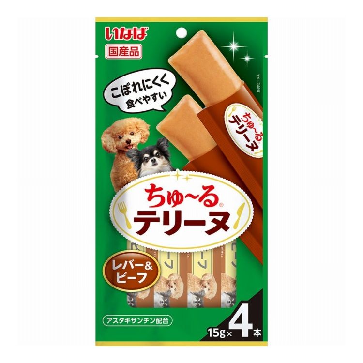 【商品説明】こぼれにくく食べやすい！！・わんちゃんの大好きなちゅ〜るを噛んで食べられるテリーヌタイプに仕上げました。・美味しいレバーとビーフ使用・アスタキサンチン配合○原材料鶏肝、トウモロコシ粉、牛肉、鶏脂、チキンエキス、酵母エキス、増粘安定剤(加工でん粉)、ビタミンE、ヘマトコッカス藻色素(アスタキサンチン含有)○賞味／使用期限(未開封)730日※仕入れ元の規定により3ヶ月以上期限のある商品のみ出荷致します○保管方法・お使い残りが出た場合は、他の容器に移し替えて冷蔵庫に入れ早めにお与えください。○給与方法・愛犬の体重に応じて商品記載の表を目安におやつとしてお与えください。○原産国日本○メーカー名いなばペットフード 株式会社○諸注意・袋への噛みつき、誤飲にご注意ください。・愛犬がのどに詰まらせないよう、必ず様子を見ながらお与えください。【取り寄せ品のご注意事項（ご注文前にご確認ください）】・本商品は原則注文後のキャンセルはお受けできません。・本商品と他商品で同梱注文をいただき、仮に他商品が完売等でご用意できない場合でも本商品は発送させていただきます。・本商品を複数（2点以上）注文いただき、完売等で注文数のご用意できない場合でもご用意できた数量は発送させていただきます。【送料について】北海道、沖縄、離島は送料を頂きます。LINK単品6個セット12個セット24個セット