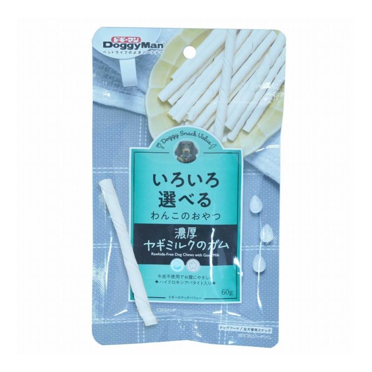【商品説明】・噛むほどにヤギミルクの濃厚な味わい。・ローハイドフリー。・何度も噛める弾力がある噛みごたえの棒型のガム。・ハイドロキシアパタイト配合。〇原材料(成分)コーンスターチ、チキンミートパウダー、えんどう豆たん白、豚ゼラチン、果糖、ヤギミルクパウダー、さつまいも、にんじん、えんどう豆、オリゴ糖、麦芽糖、グリセリン、ソルビトール、ミネラル類(カルシウム、ハイドロキシアパタイト、鉄、亜鉛、マンガン)、香料、ビタミン類(B1、B2、B6、B12、E、ナイアシン、パントテン酸)、乳化剤、ポリリン酸ナトリウム〇賞味/使用期限(未開封)730日※仕入れ元の規定により3ヶ月以上期限の残った商品のみ出荷致します。〇保管方法・お買い上げ後は直射日光、高温多湿の場所を避けて保存してください。・開封後は密閉の上冷蔵し、賞味期限に関わらず早めに与えてください。〇給与方法・目安給与量を参考に1日1〜数回に分け、おやつとして与えてください。・給与量は犬によって個体差が生じます。食べ残しや便の様子、健康状態をみて調節してください。・幼犬には与えないでください。・犬の習性や性格、食べ方によっては、のどに詰らせたり、丸飲みする恐れがあります。適切な大きさにして与えてください。〇原産国ベトナム〇メーカー名ドギーマンハヤシ株式会社【取り寄せ品のご注意事項（ご注文前にご確認ください）】・本商品は原則注文後のキャンセルはお受けできません。・本商品と他商品で同梱注文をいただき、仮に他商品が完売等でご用意できない場合でも本商品は発送させていただきます。・本商品を複数（2点以上）注文いただき、完売等で注文数のご用意できない場合でもご用意できた数量は発送させていただきます。【送料について】北海道、沖縄、離島は送料を頂きます。