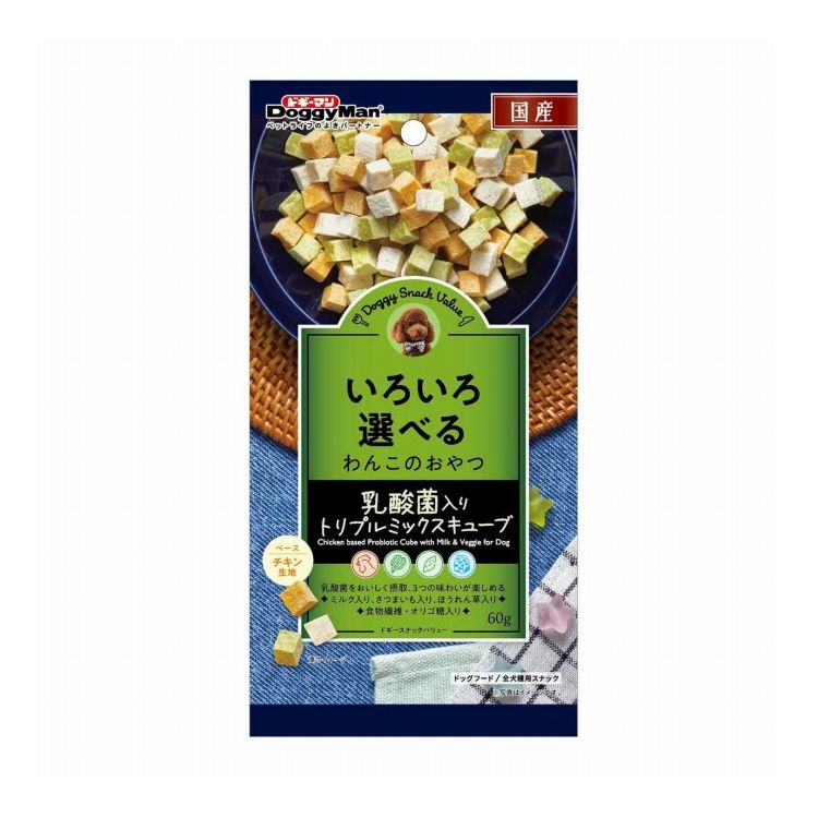 【商品説明】・ササミベースの生地に、ミルク入り、さつまいも入り、ほうれん草入りの野菜ミックスタイプ。・腸内フローラのバランスを整える16種35株の乳酸菌配合。〇原材料(成分)小麦粉、肉類(鶏肉、鶏ささみ、鶏むね肉)、さつまいも、糖類、乳製品、乳酸菌、ほうれん草、ソルビトール、グリセリン、膨張剤、着色料(酸化チタン、黄4、黄5、青1)、保存料(ソルビン酸カリウム)、ミネラル類(ナトリウム)、pH調整剤、酸化防止剤(エリソルビン酸ナトリウム)、香料〇賞味/使用期限(未開封)365日※仕入れ元の規定により3ヶ月以上期限の残った商品のみ出荷致します。〇保管方法・お買い上げ後は直射日光、高温多湿の場所を避けて保存してください。・開封後は密閉の上冷蔵し、賞味期限に関わらず早めに与えてください。〇給与方法・目安給与量を参考に1日1〜数回に分け、おやつとして与えてください。・給与量は犬によって個体差が生じます。食べ残しや便の様子、健康状態をみて調節してください。・2ヶ月未満の幼犬には与えないでください。・犬の習性や性格、食べ方によっては、のどに詰らせたり、丸飲みする恐れがあります。適切な大きさにして与えてください。〇原産国日本〇メーカー名ドギーマンハヤシ株式会社【取り寄せ品のご注意事項（ご注文前にご確認ください）】・本商品は原則注文後のキャンセルはお受けできません。・本商品と他商品で同梱注文をいただき、仮に他商品が完売等でご用意できない場合でも本商品は発送させていただきます。・本商品を複数（2点以上）注文いただき、完売等で注文数のご用意できない場合でもご用意できた数量は発送させていただきます。【送料について】北海道、沖縄、離島は送料を頂きます。