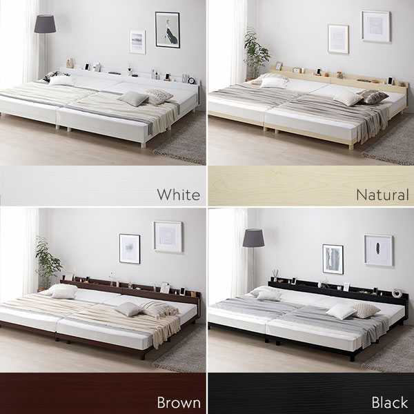 ベッド クイーン 160(SS+SS) ボンネルコイルマットレス付き ブラック 連結 高さ調整 棚付 コンセント すのこ 木製 [2]