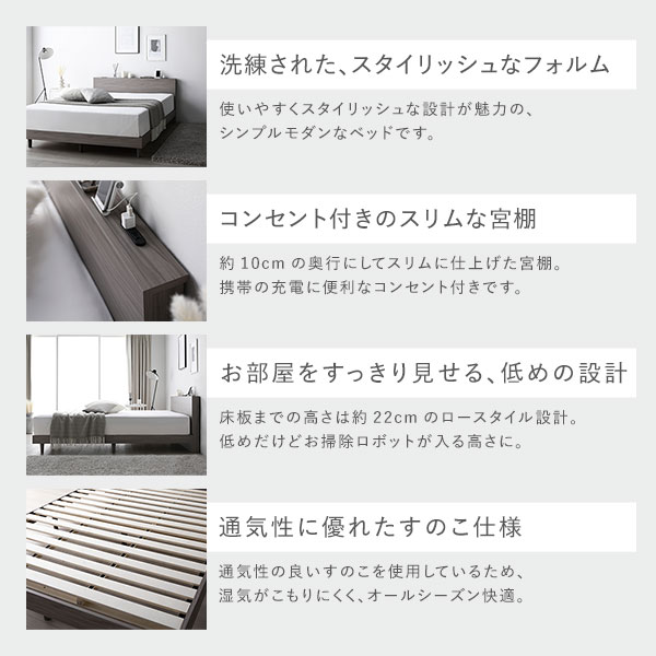 リコメン堂生活館のベッド シングル スレートグレー 2層ポケットコイルマットレス付き すのこ 棚付き 宮付き 宮棚付き ヘッドボード付き 2口 コンセント付き すのこベッド すのこベット ローベッド ローベット シングルベッド シングルベット 組立品｜アングル3