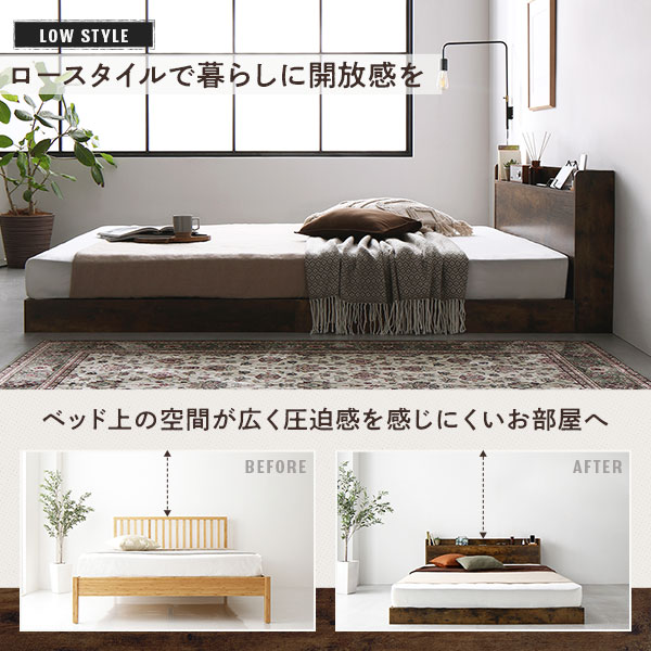 ベッド セミダブル 2層ポケットコイルマットレス付き ヴィンテージブラウン 低床 すのこ 照明 宮付 棚付 コンセント [2]