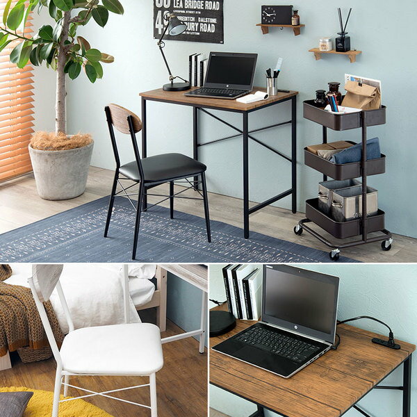 木目調 パソコンデスク&チェア セット 【ホワイト】 約幅80cm 2口コンセント付き スチール 組立品 〔リビング 勉強部屋 書斎〕 (代引不可) [2]