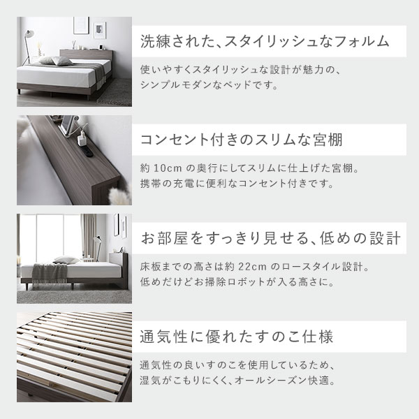 ベッド シングル スレートグレー 国産ポケットコイルマットレス付き すのこ 宮付き 棚付き 宮棚付き ヘッドボード付き 2口 コンセント付き すのこベッド すのこベット ローベッド ローベット シングルベッド シングルベット 組立品 [2]