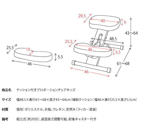 学習チェア 補助クッション付 プロポーションチェア キッズ 背筋が伸びるチェア キッズチェア 子供チェアー 学習イス 学習椅子(代引不可)【送料無料】 [2]
