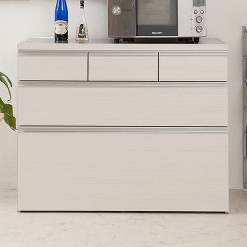 日本製 大川家具 ステンレス キッチンカウンター 幅110 上引き出し3杯 木目調 ホワイト カウンタ— レン..