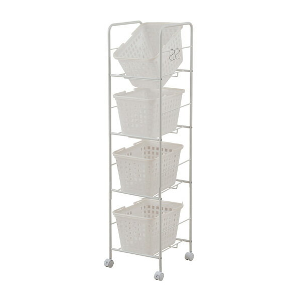 キャスター付きバスケットワゴン 4段天板無し ホワイト 脱衣所 収納 キャスター付 バスケット付 日本製(代引不可)【送料無料】