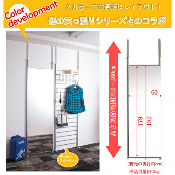 日本製 つっぱり 壁面 ミラー 幅60 ホワイト 白 完成品 国産 全身 姿見 突っ張り 収納 鏡 スリム ハイタイプ おしゃれ 北欧 省スペース(代引不可)【送料無料】 [3]