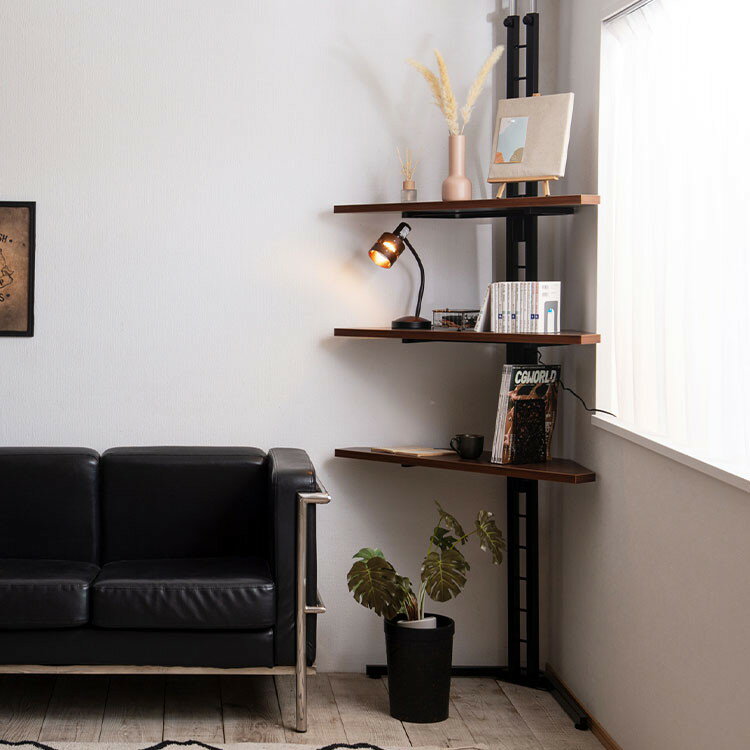 grace 突っ張りコーナーラック 幅90 3段 ブラウン 高さ調節 日本製 コーナーシェルフ つっぱり オフィス 書斎 棚 オープンラック デッドスペース 角 壁面 壁面ラック 事務所 玄関 収納棚(代引不可)【送料無料】(3.0)