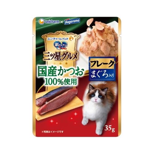 【商品説明】国産かつお100％のフレークを贅沢に使用し、ほたて風味のゼリーでやわらかく仕上げた至福の逸品味の種類は人気の高い2フレーバーはごろもフーズ株式会社との共同開発商品・原材料(アレルギー表記含む)魚介類（かつお、まぐろ、ホタテエキス）、調味料、増粘安定剤（増粘多糖類、加工デンプン）・賞味期限720日※仕入れ元の規定により半年以上期限の残った商品のみ発送致します。・保存方法直射日光の当たらない所で保存してください。開封時はお早目にご利用ください。・生産国/加工国日本・メーカー名ユニ・チャーム・内容量35g※メーカーの都合により、お届け商品のパッケージが変更する場合がございます。【送料について】北海道、沖縄、離島は送料を頂きます。