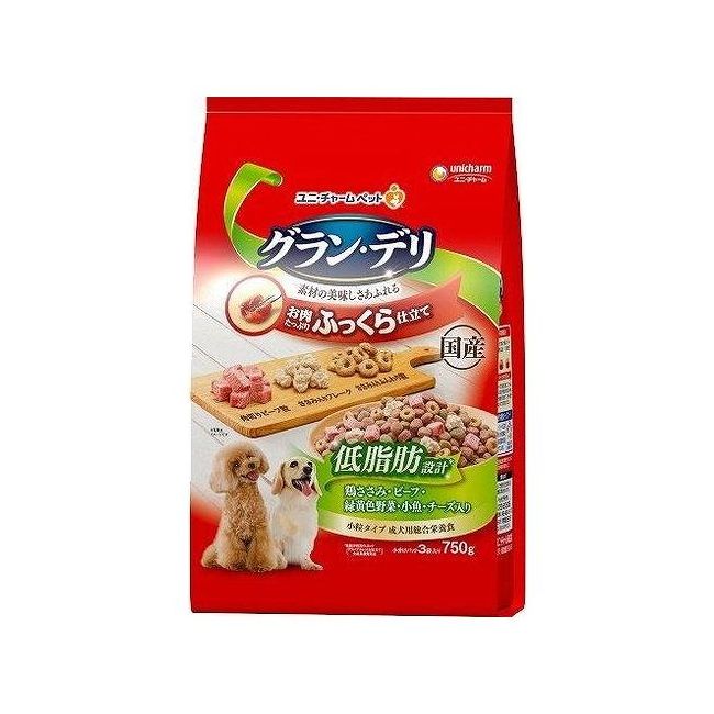 ユニチャーム グランデリ ふっくら仕立て 低脂肪 鶏ささみ・ビーフ・緑黄色野菜・小魚・チーズ・角切りビーフ粒入り 750g 日本製 国産