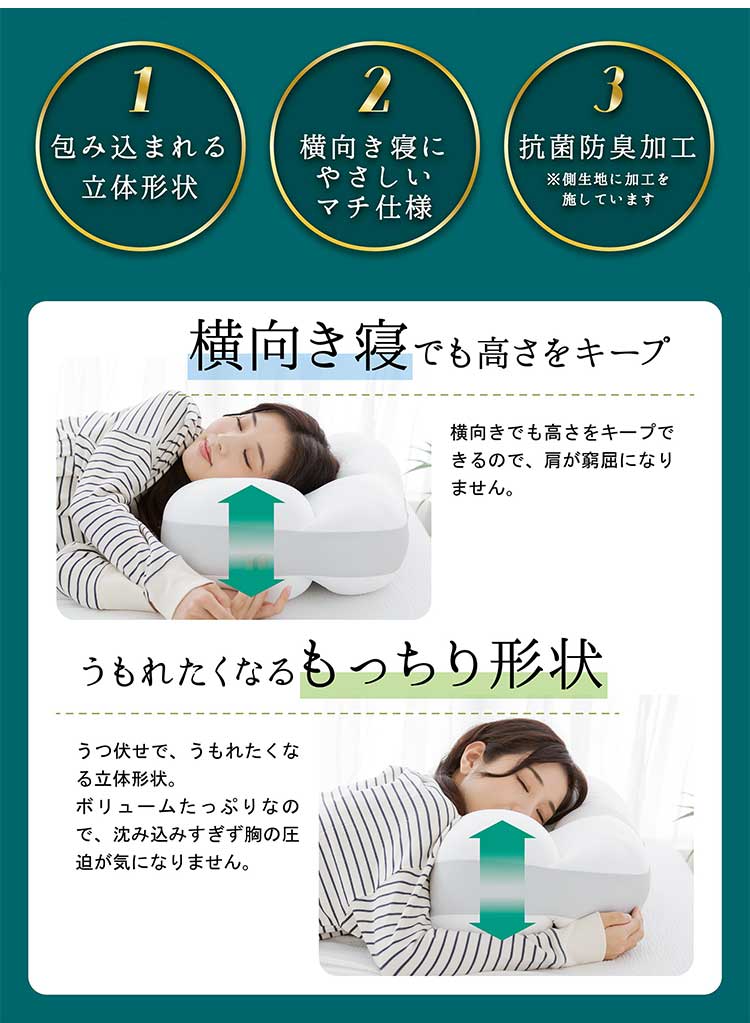 MORIPiLO モリピロ もっとうもれる贅沢 もっちりビーズわたまくら 厚み最大18cm 包み込まれる形状 抗菌防臭 マクラ まくら 横向き寝 ピロー ビーズ枕 ビーズ綿まくら(代引不可)【送料無料】 [3]