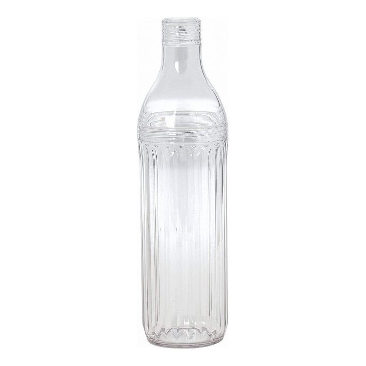 透明度の高い樹脂を使用し、ガラスのような見た目の樹脂製ボトル。樹脂の中でも透明度の高い、MS・AS樹脂を使用。横置きOK。3つのパーツに分解して洗える。サイズ（約）幅8.6×奥行8.6×高さ30.2cm注ぎ口の口径サイズ（約）2.5cm材質:本体/AS樹脂　蓋/MS樹脂重量（約）238g容量（約）1L耐熱温度:80度【送料について】北海道、東北、九州は送料を頂きます。沖縄、離島は配送不可。LINKクリアブルーラムネ