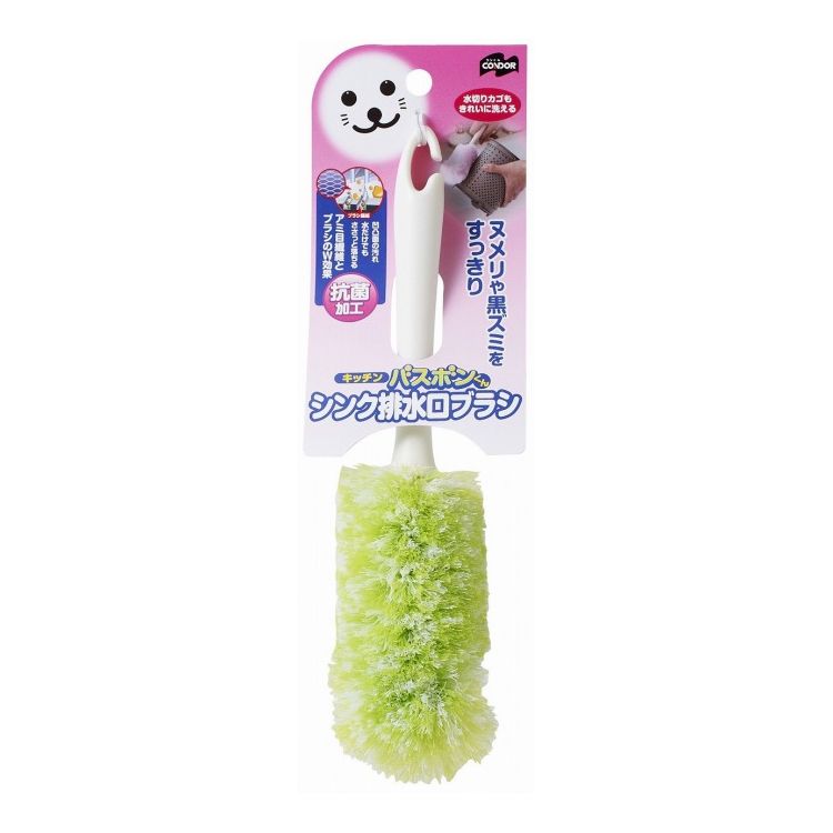 二重構造のねじりブラシがヌメリやこびりついた汚れをしっかり落とす、排水口ブラシ。バスボンくんのキッチンシリーズ！シンク回りをすっきり掃除！ソフトな毛（アミ目繊維）と硬い毛（ブラシ）の二重構造のブラシが、ヌメリや茶渋汚れを水だけでしっかり落とす。ソフトな毛（アミ目繊維）は■■■■■加工された繊維を使っているので衛生的。サイズ（約）幅6×奥行6×高さ25.5cm【送料について】北海道、東北、九州は送料を頂きます。【配送について】沖縄、離島は配送できません。予めご了承ください。バスボンくんグリーンピンクL字型 ピンク