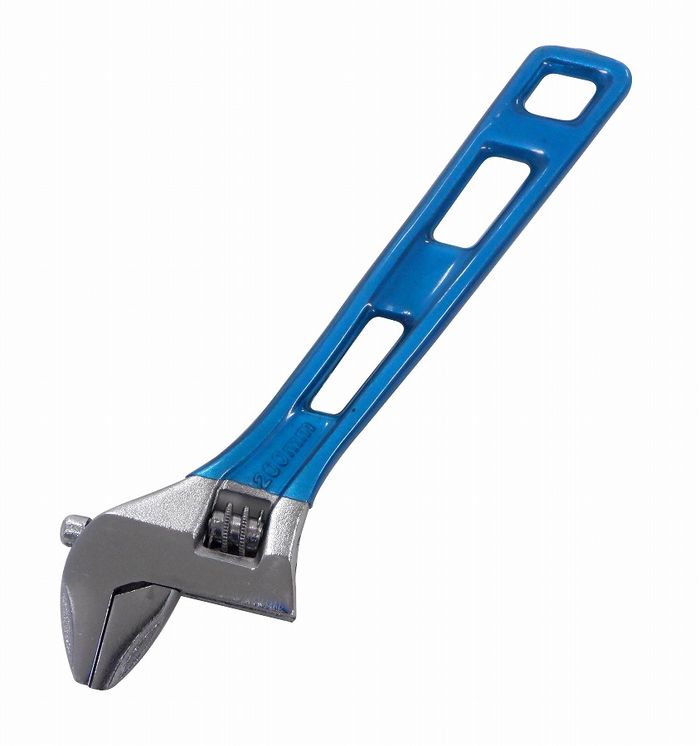 【商品詳細】軽量でワイド開口のモンキーレンチ。呼びサイズ：200mm全長：約205mm質量：約210g焼入れ硬度：HRC40°〜48°口開：30mm注意：モンキーレンチの口をボルトの2面にしっかり合わせて、奥の方でくわえて廻してください。ハンマー代わりに使用しないでください。パイプ等を接続するなどの無理な使用はしないでください。本体：クロームバナジウム鋼（クローム仕上）　グリップ：PVC中国製【送料について】北海道、沖縄、離島は送料を頂きます。