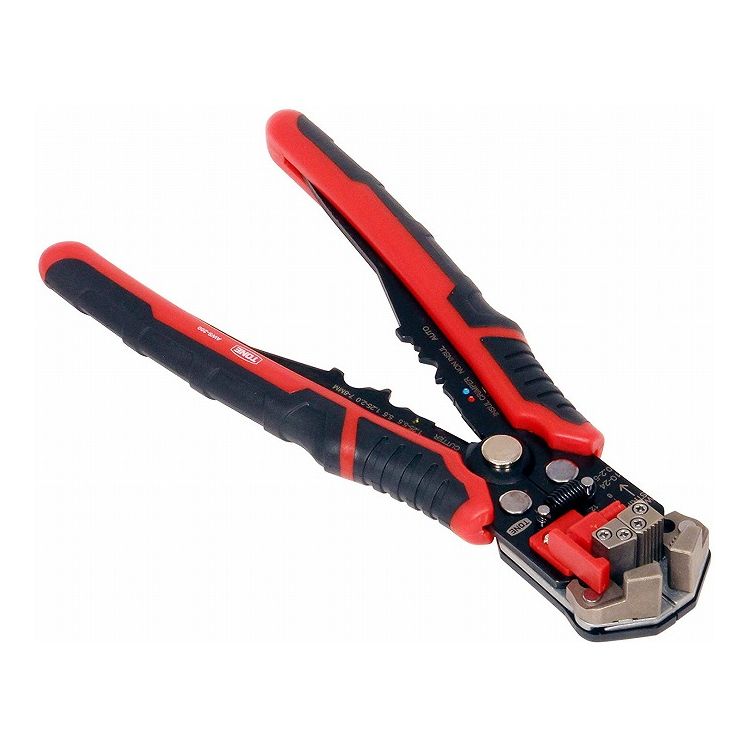 【商品特長】【製品サイズ(mm)】・長さ215・幅95・高さ26【生産国】台湾【仕様】用途：機械、自動車、電気器具などの配線作業時の際に適用ストリッパーケーブル線サイズ：AWG24〜10(0.2〜5.5sq)ワイヤー切断可能範囲：AWG22〜10(0.3〜5.5sq)絶縁圧着端子：1.25、2.0、5.5mm2裸圧着端子：1.25、2.0、5.5mm2仕様：剥離の長さ調節ゲージ付配線径を自動調節して、被膜だけを剥きとります。機械、自動車、電気器具などの配線作業時に煩わしいケーブルの被膜剥きに向いてます。【送料について】北海道、沖縄、離島は送料を頂きます。