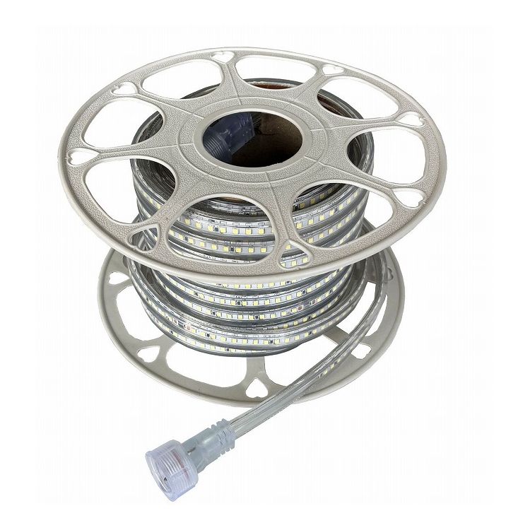 【商品説明】駐車場・庭・廊下・階段などの家や店舗の照明や、公園の池・噴水などの間接照明のほか、道路工事や工場、災害時の照明にご利用いただく増設用のLEDロープライトです。1メートルあたり1000ルーメンの明るさで、10メートルの長さにわたり照らすことができます。消費電力が10メートルで60Wと小さいため経済的です。防塵・防水規格がIP67なので、池や噴水、庭などのほか、工事現場などでもご利用できます。丈夫なポリ塩化ビニールを使用しているので、高温にならない場所であれば設置可能です。単独使用はできません。別途電源付き製品、または専用電源が必要です。【注意事項】ご購入時のリールに巻いたままでは使用しないで下さい。放熱ができず発熱や発火、故障の原因になります。チューブライトを直角に折り曲げたりねじったりしないで下さい。断線の原因となり点灯しなくなります。定格電圧、最大電流の範囲を守って使用して下さい。火災の原因になります。【仕様】材質：ポリ塩化ビニール銅色：ホワイト用途：駐車場・庭・廊下・階段などの家や店舗の照明や、公園の池・噴水などの間接照明のほか、道路工事や工場、災害時の照明に（増設用）ロープ部の長さ（約）：10mロープ部のサイズ（約）：W13×H7mm製品重量（約）：1455g定格入力：AC100V（50/60Hz）消費電力：60W使用LED：2835LEDチップ（144個/1m）明るさ・色温度：1000Lm/1m・6000K防塵防水規格：IP67（電源部：IP65）付属品：収納袋【特長】増設、チューブライト、ロープライト、led、工事用、屋外、防水、工事、現場、100v、10m、仮設、白、片面【送料について】北海道、沖縄、離島は送料を頂きます。