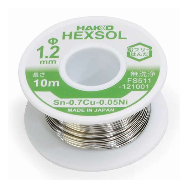 商品説明●スズ、銅、ニッケル●シルバー●用途：ステンドグラス、電気配線のはんだ付けに●サイズ（約）：φ1.2×10m●重量（約）：64g●組成：スズ99%、銅0.7%、ニッケル0.05%●フラックスの有無：あり（ROM1）●融点：227℃スペック●ステンドグラス、電気配線のはんだ付けにご利用いただく鉛フリーはんだです。●環境と健康への配慮から鉛を含まないはんだですが、スッと溶け強度があり、作業性と信頼性にすぐれた共晶はんだです。※注意事項●溶けたはんだは高温です。固まって冷え切るまでは触れないでください。●はんだ付け作業は換気の良い場所で行い、発生する煙を吸い込まないでください。●はんだ付け作業後は石鹸で手を洗ってください。【代引きについて】こちらの商品は、代引きでの出荷は受け付けておりません。【送料について】北海道、沖縄、離島は送料を頂きます。