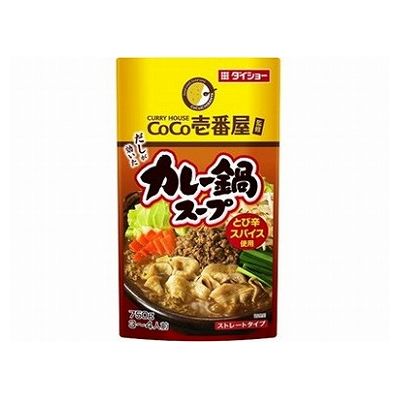 【商品説明】CoCo壱番屋監修のカレー鍋スープです。こく深いカレールウに、とんこつ・チキンコンソメ・焼津産鰹節の旨みを加え、とび辛スパイスでスパイシーな辛さに仕上げたカレー鍋スープです。・原材料(アレルギー表記含む)果糖ぶどう糖液糖（国内製造）、大豆油、香辛料、しょうゆ、アミノ酸液、食塩、濃厚ソース、カレールウ、チキン・ポーク風味顆粒、ポークエキス、チキンコンソメ、にんにく加工品、酵母パウダー、酵母エキス、かつおぶし／増粘剤(加工デンプン、キサンタン)、調味料（アミノ酸等）、カラメル色素、乳化剤、酸味料、香料、香辛料抽出物・賞味期限※仕入れ元の規定により半分以上期限のある商品のみ出荷致します。18ヶ月・保存方法別途パッケージに記載・メーカー名（株）ダイショー・生産国日本【代引きについて】こちらの商品は、代引きでの出荷は受け付けておりません。【送料について】沖縄、離島は送料を頂きます。