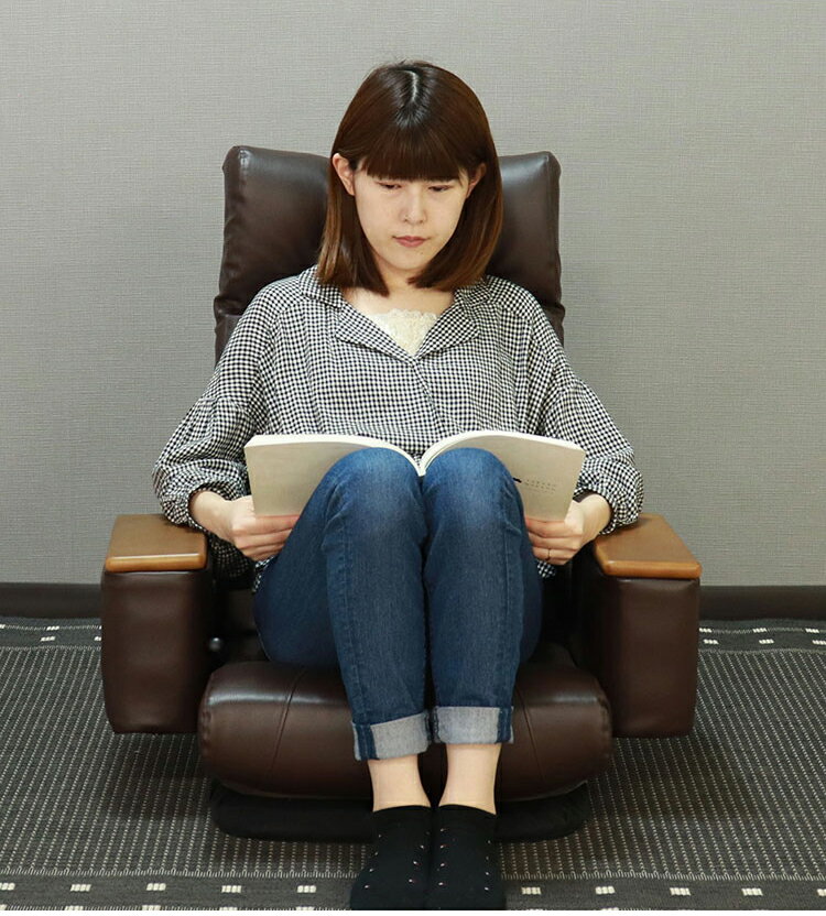座椅子 回転座椅子 ポケットコイル 肘掛け付 リラックスチェア フロアチェア リクライニング 天然木 合成皮革 レザー張り 1人掛け リモコンポケット 敬老の日在宅勤務 リモートワーク(代引不可)【送料無料】 [2]