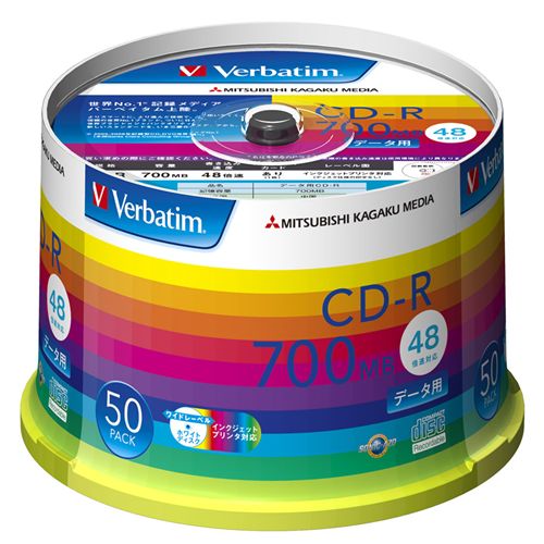 Verbatim製 データ用CD-R 700MB 48倍速 ワイド印刷エリア スピンドルケース入り 50枚 SONIC-AZO採用 三菱化学メディア SR80SP50V1(代引き不可)