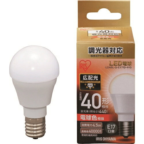 【商品詳細】●トイレや廊下などに最適なLED小形電球です。●口金サイズがE17口金なので、照明器具を替えることなく使用可能です。●長寿命約40000時間で、ランプ交換の手間が少ないです。●明るさ(lm)：440●外径(mm)：38●光源色：電球色相当●消費電力(W)：4.5●色温度(K)：2700●全長(mm)：75●標準消費電力料金：0.12円/h●口金：E17●相当電球(W形)：40●本体色：電球色●電源(V)：100●電源：AC100V●定格寿命：40000時間●配光角度：180°原産国中国JANコード4967576300650【送料について】北海道、沖縄、離島は送料を頂きます。
