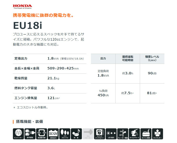 HONDA（ホンダ）『インバーター発電機（EU18i）』
