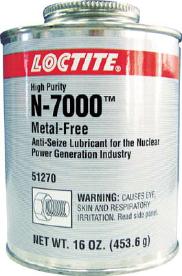 【メーカー型番】N7000-454【JANコード】0079340512702【ブランド】ロックタイト 　【特徴】●高い純度を持ち、ニッケルや銅などの金属を使用することなく優れた潤滑性を持ちます。●原子力発電プラントや電力会社で使用されるステンレスやその他の合金を保護します。【用途】●原子力発電所プラントハードウエアのクラス1、2、3に適合しています。●原子炉バルブステムの潤滑。●化学、製薬、製紙で使用するボルトなど。【仕様】●色:灰●容量(g):454●質量(g):600●使用温度範囲:-29〜1315℃●ペースト状●容器:缶(ブラシ付)【材質／仕上】●主成分:銅、グラファイト・フレーク【セット内容／付属品】【注意】●本製品はカルシウム誘導体を含むので、リチウムベースの材料とは適合性がありません。【原産国】アメリカ【送料について】北海道、沖縄、離島は送料を頂きます。