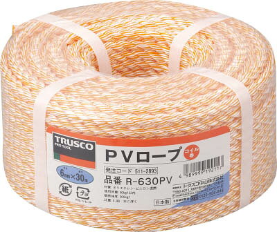 【メーカー型番】R-630PV【JANコード】4989999192117【ブランド】TRUSCO 　【特徴】●ポリエチレンにビニロンを混撚することで、耐摩耗性に優れ、作業に適した結びやすいロープです。【用途】●軽包袋の梱包。●建築現場の資材固定。【仕様】●色:黄●線径(mm):6●長さ(m):30●包装形態:バンド掛巻●質量(kg):0.52●3つ打【材質／仕上】●ポリエチレン（PE）、ビニロンを混撚【セット内容／付属品】【注意】●切断後の断面はライターの火などで軽くあぶり、ほつれを保護してください。【原産国】日本【送料について】北海道、沖縄、離島は送料を頂きます。