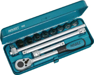 【メーカー型番】985【JANコード】4000896046768【ブランド】HAZET【特徴】●産業機械・オートモーティブ・建設機械整備に適しています。●ソケット周囲に施したローレット加工により、手回し時の油などによる滑りを軽減します。●クロムバナジウムを独自の熱処理技術により、強度と粘りを極限まで追求した、ヘビーユースに耐え得るソケットです。【用途】●産業機械・自動車・建設機械整備など。【仕様】●差込角(mm):12.7●ソケット内容:ヘキサゴンソケット：5、6、8、10、12、14、17、19●ハンドル内容:ラチェットハンドル（916SP）、エクステンションバー（123、248mm）、T型スライドハンドル（298mm）●セット内容(点):12●質量(kg):3.14【材質／仕上】【セット内容／付属品】【注意】【原産国】ドイツ【送料について】北海道、沖縄、離島は送料を頂きます。