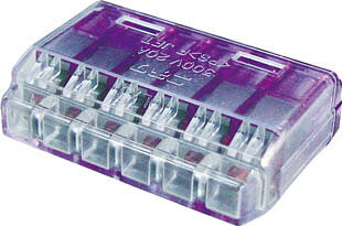 【メーカー型番】T-QL-6【JANコード】4989999335583【ブランド】TRUSCO 　【特徴】●独自の2点接触スプリング構造です。●透明カバーで結線が目視で確認できます。●JIS C2813（屋内配線用差込形電線コネクタ）適合品です。（認定検査機関:〈PS〉E JET）【用途】●むいた線同士の結線に。【仕様】●極数:6●色:紫透明●長さ(mm):20.5●幅(mm):30.0●高さ(mm):9.1●質量(g):40●定格電圧:300V●定格電流:20A●最大使用温度:125℃●適合電線(銅/単線):φ1.6mm、φ2.0mm【材質／仕上】●スプリング:ステンレス（SUS301）●導電板:無酸素銅（C1020）/すずメッキ●ハウジング:ポリカーボネート（PC）【セット内容／付属品】【注意】【原産国】日本【送料について】北海道、沖縄、離島は送料を頂きます。