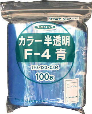 【メーカー型番】F-4-CB【JANコード】4909767112369【ブランド】セイニチ【特徴】●スタンダードなフィルム厚0.04mmのチャック付ポリエチレン袋です。【用途】●部品等の保管、管理。【仕様】●色:半透明ブルー●縦(mm):170●横(mm):120●質量(g):184.8●厚み:0.04mm【材質／仕上】●ポリエチレン（PE）【セット内容／付属品】【注意】【原産国】日本【送料について】北海道、沖縄、離島は送料を頂きます。