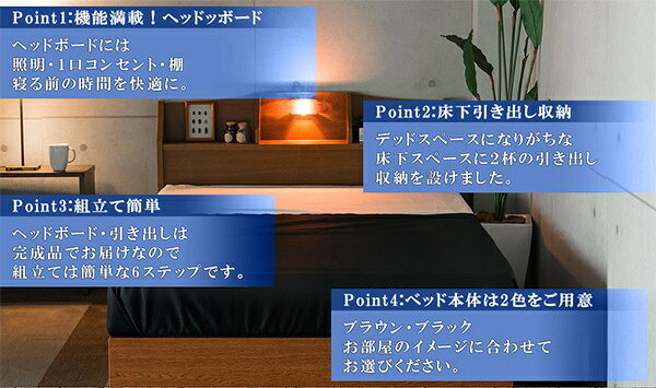 リコメン堂生活館のベッド ダブル 棚 照明 コンセント 引き出し付き 二つ折りポケットコイルマットレス付(代引不可)【送料無料】｜アングル2