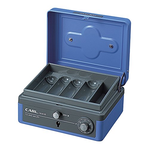メーカー：カール品番：CB-8100-BJANコード：4971760260057基本の機能を押え、使いやすい定番タイプ。オフィスやご家庭で活躍します。●寸法／外寸：152×129×83mm、内寸：132×97×23mm●カラー／ブルー●質量／640g●ダイヤル錠●錠前●コイントレー●単位／1台●メーカー品番／CB-8100-B15.7cm×13.1cm×8.7cm【送料について】北海道、沖縄、離島は送料を頂きます。