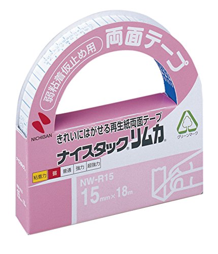 メーカー：ニチバン品番：NW-R15JANコード：4987167009410小型ポスター・印刷物用です。●テープ寸法／幅15mm×長さ18m●単位／1巻●材質／基材：再生紙（古紙配合率40％）、粘着剤：アクリル系、はく離紙：紙、巻芯：再生紙（古紙配合率100％）、ホルダー：再生紙（古紙配合率90％）●粘着力／弱●オフィスの定番中の定番。書類や写真、スクラップなどあらゆる紙の貼り合わせに。サイズもフルにそろえました。●メーカー品番／NW-R15サイズ:幅15mm×18m巻カッター付粘着力:弱ホルダー、巻心は再生紙を使用基材:古紙パルプ40%配合の再生紙(0.06mm) はくり紙:紙(0.11mm) 粘着剤:アクリル系(0.06mm)【送料について】北海道、沖縄、離島は送料を頂きます。